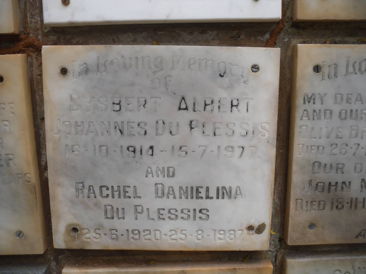 PLESSIS Gysbert Albert Johannes, du 1914-1977 &amp; Rachel Danielina 1920-1987