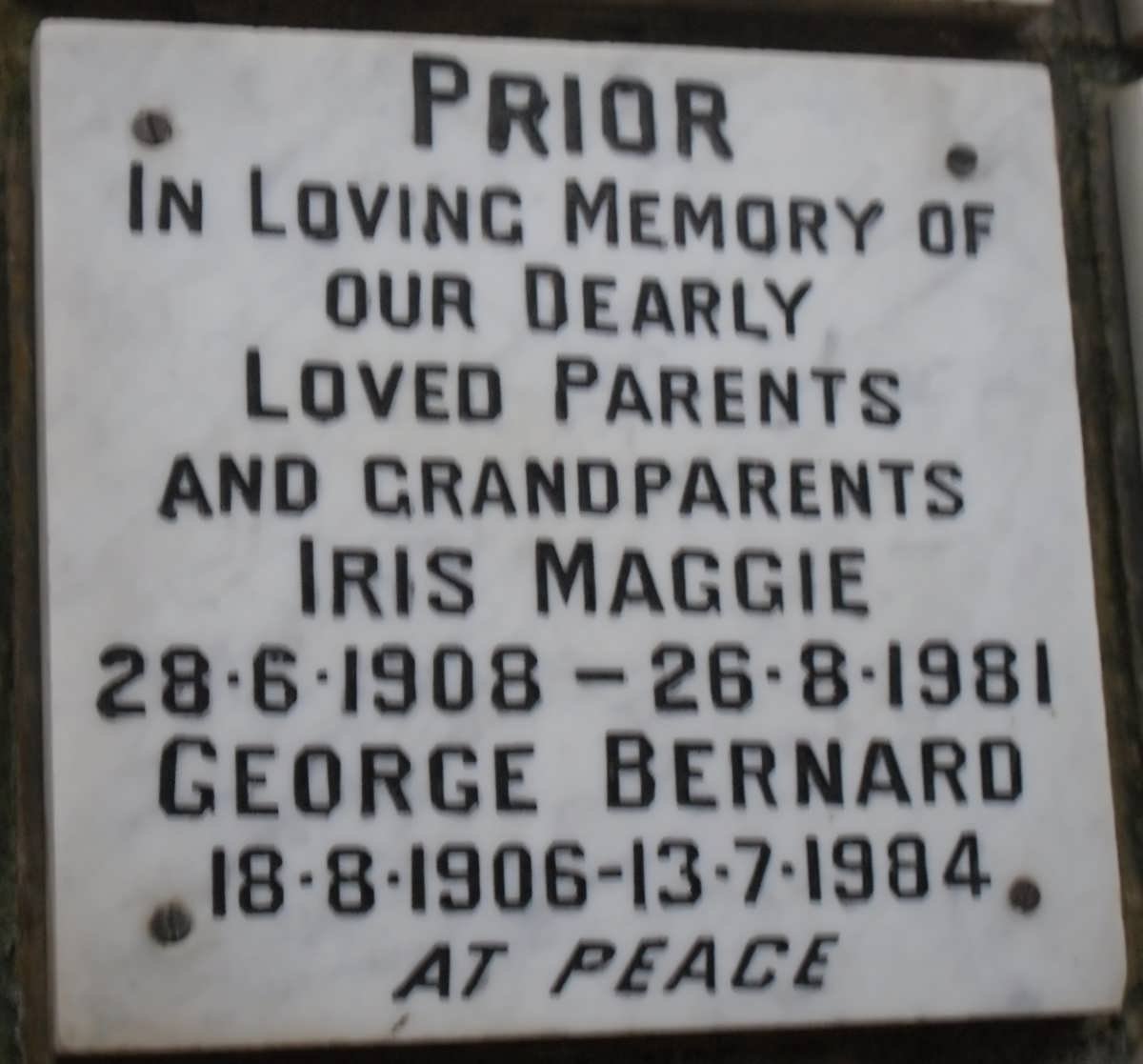 PRIOR George Bernard 1906-1984 &amp; Iris Maggie 1908-1981