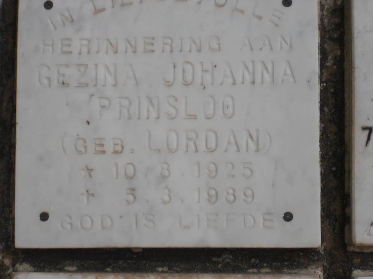 PRINSLOO Gezina Johanna nee LORDAN 1925-1989