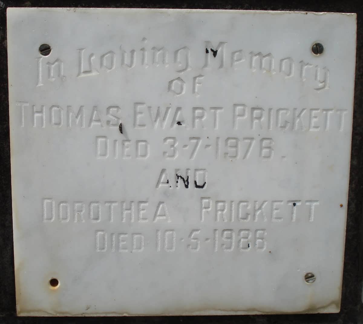 PRICKETT Thomas Ewart -1976 &amp; Dorothea -1986