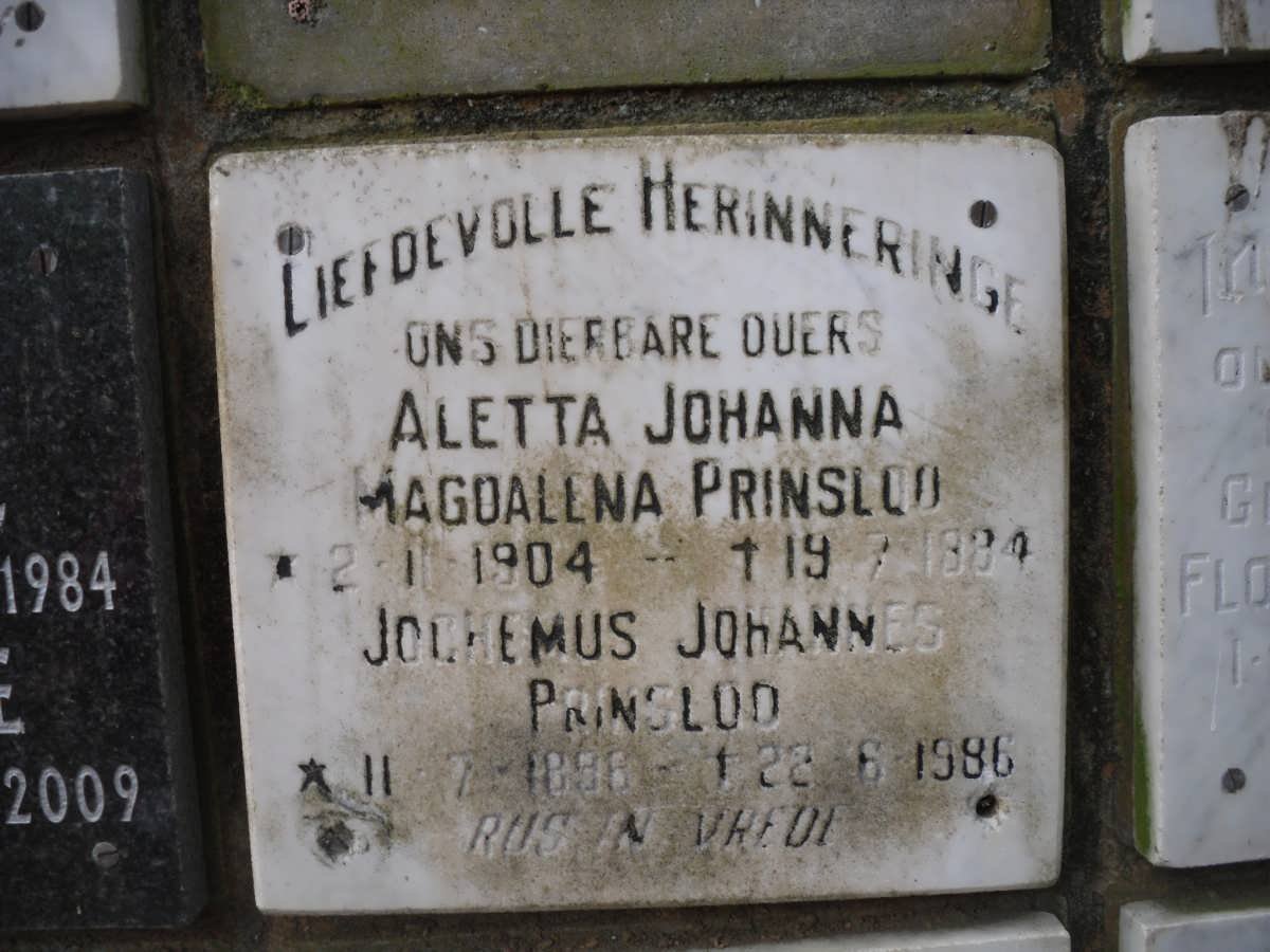 PRINSLOO Jochemus Johannes 1896-1986 &amp; Aletta Johanna Magdalena 1904-1984