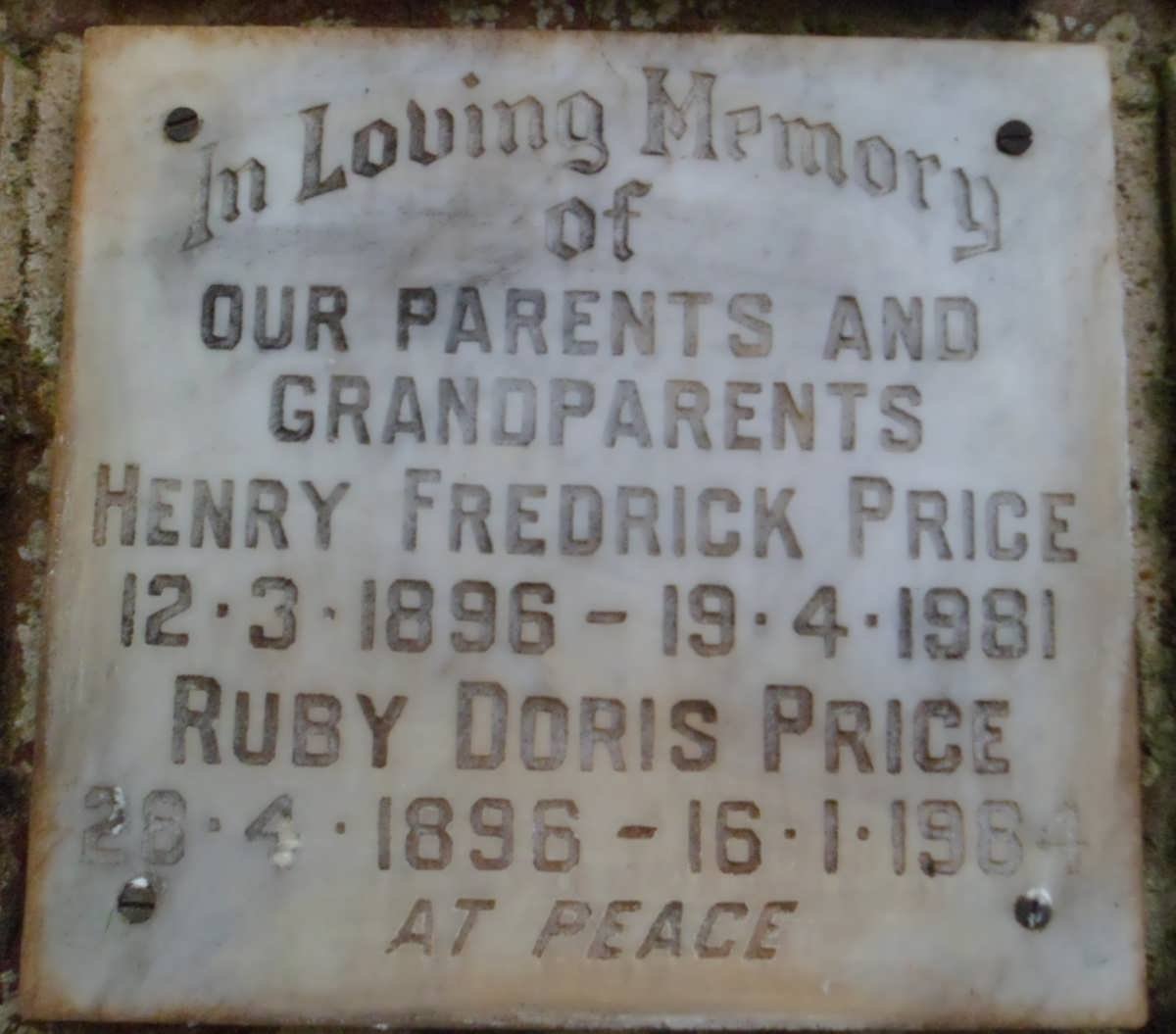 PRICE Henry Fredrick 1896-1981 &amp; Ruby Doris 1896-1984