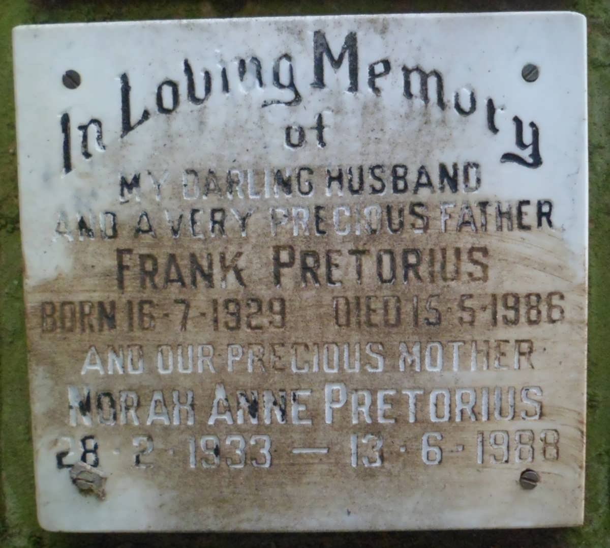 PRETORIUS Frank 1929-1986 &amp; Norah Anne 1933-1988
