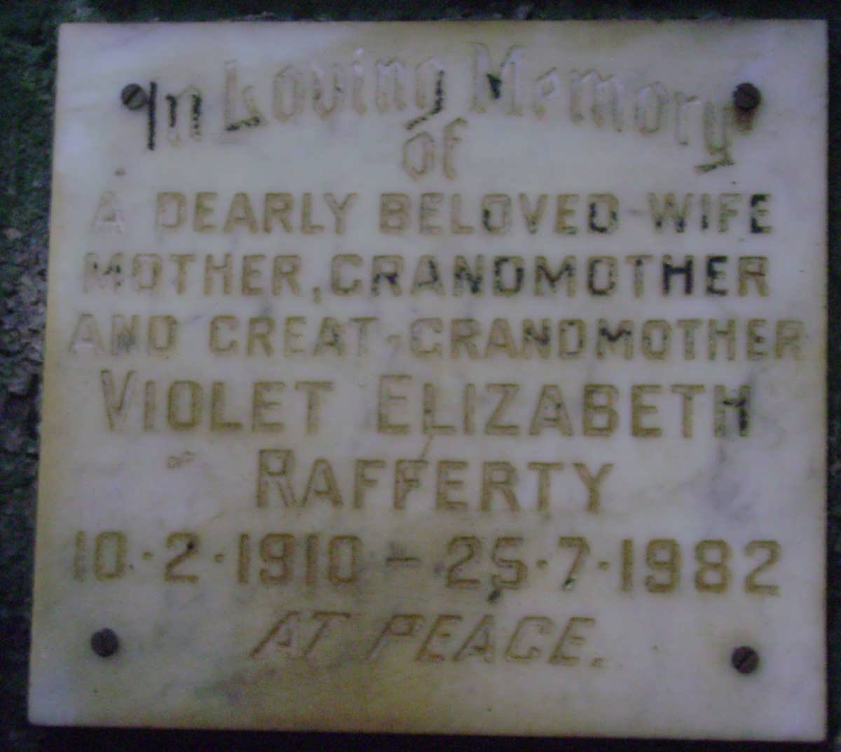 RAFFERTY Violet Elizabeth 1910-1982