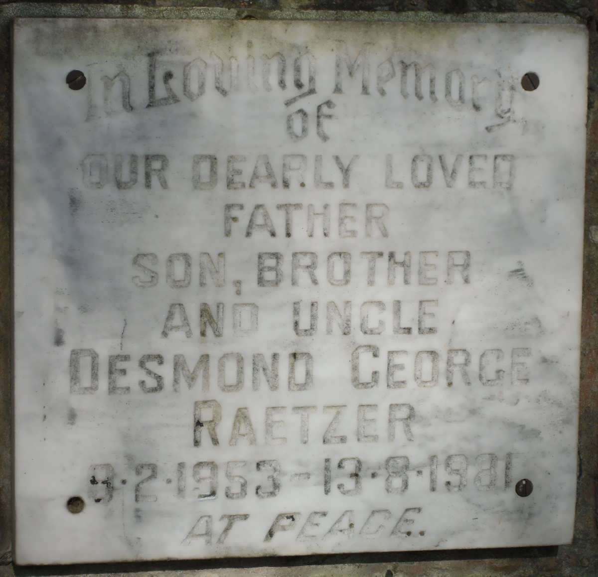 RAETZER Desmond George 1953-1981