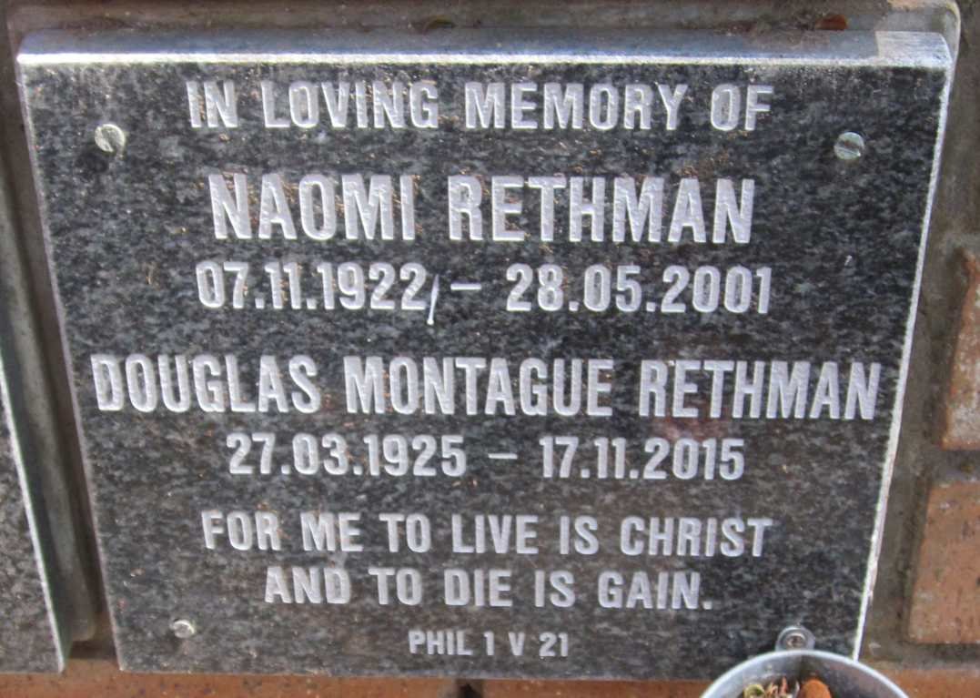 RETHMAN Douglas Montague 1925-2015 &amp; Naomi 1922-2001
