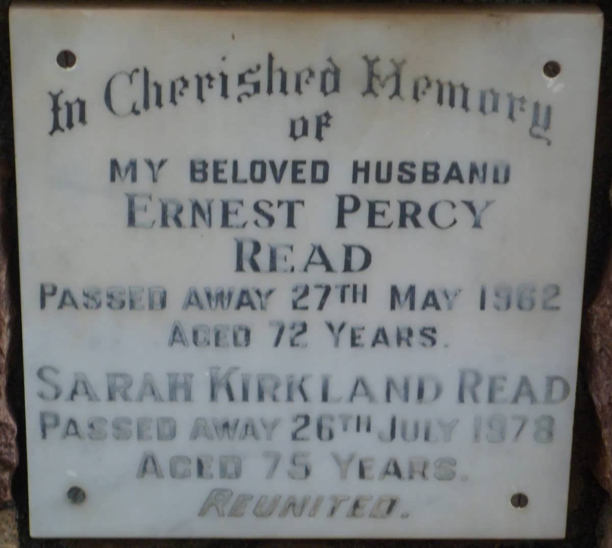READ Ernest Percy -1962 &amp; Sarah Kirkland -1978