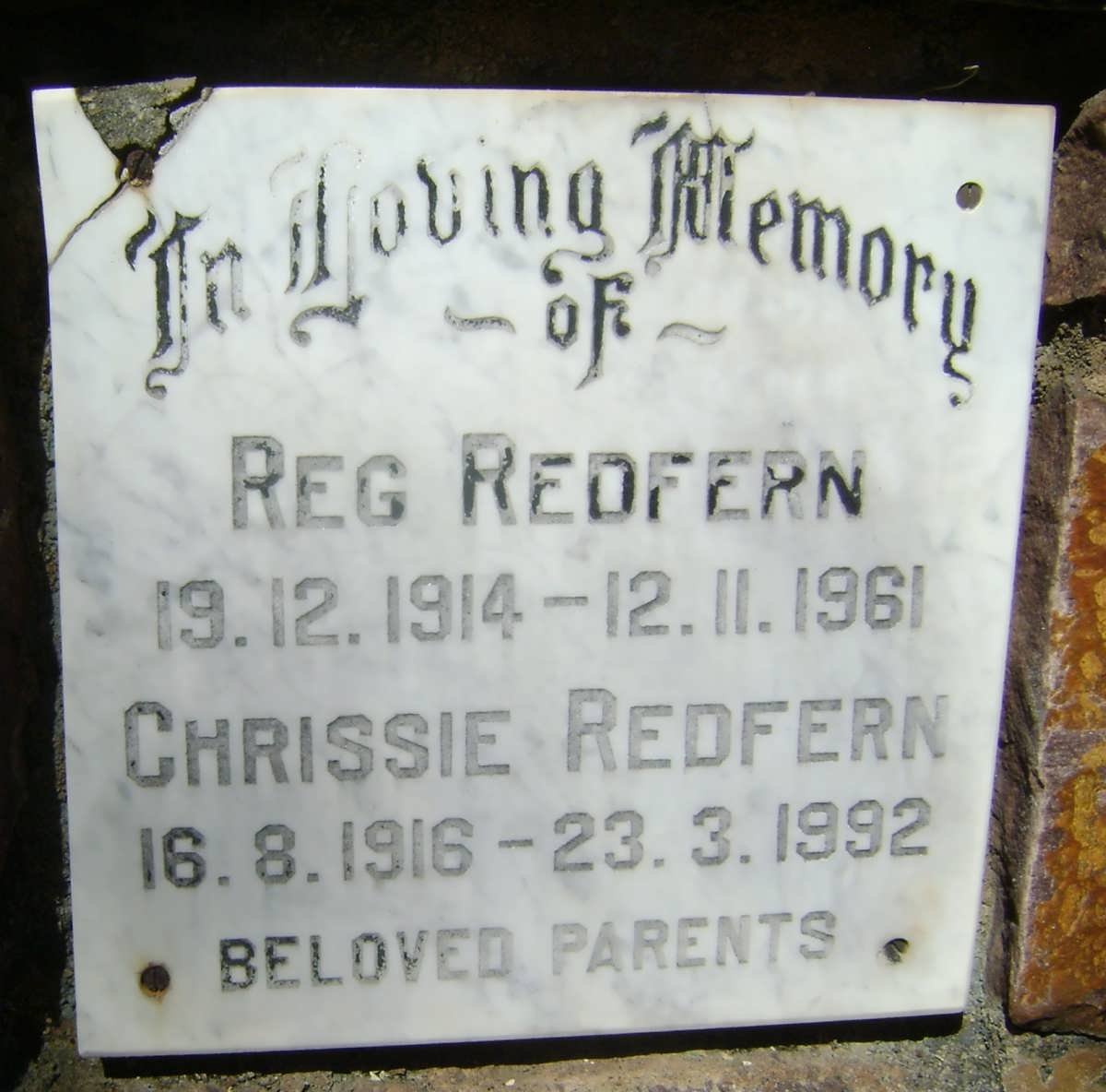 REDFERN Reg 1914-1961 &amp; Chrissie 1916-1992