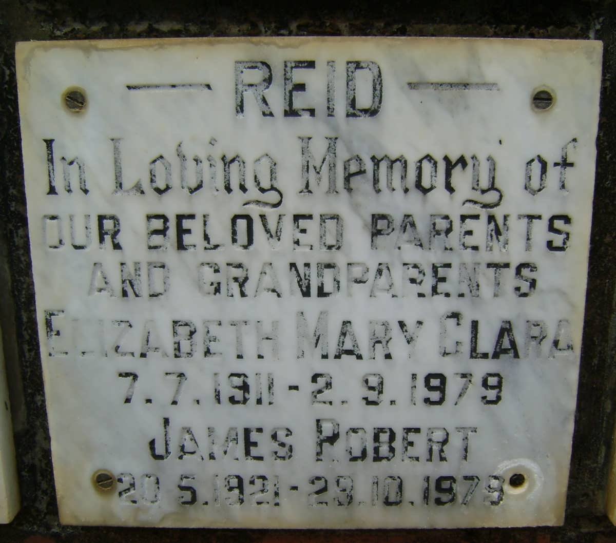 REID James Robert 1921-1979 &amp; Elizabeth Mary Clara 1911-1979