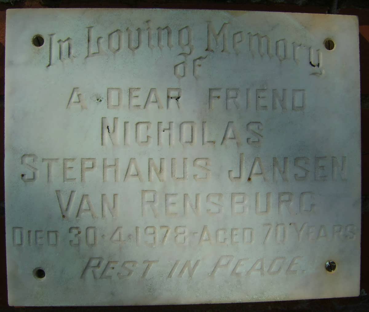 RENSBURG Nicholas Stephanus, Jansen van -1978