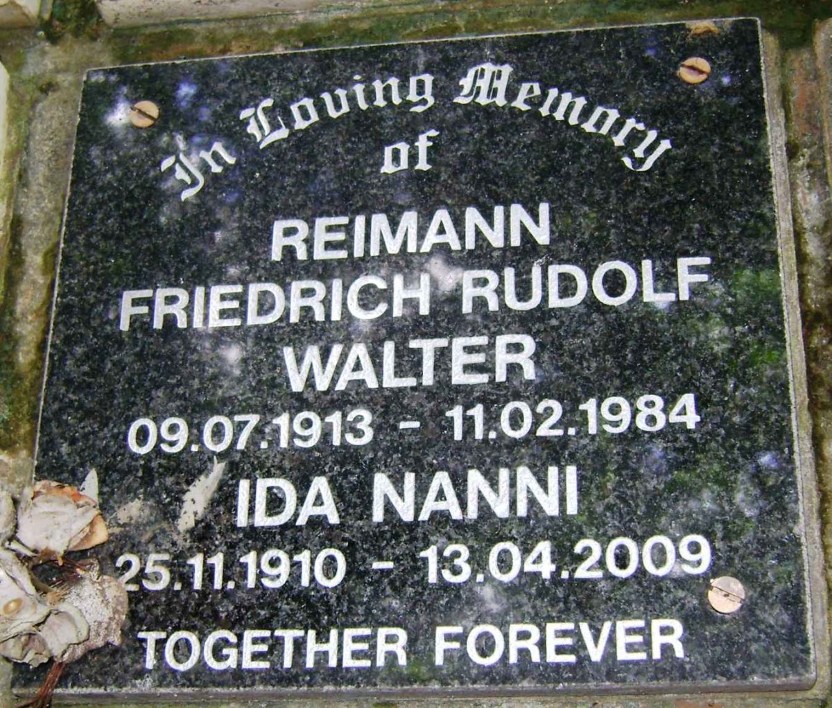 REIMANN Friedrich Rudolf Walter 1913-1984 &amp; Ida Nanni 1910-2009