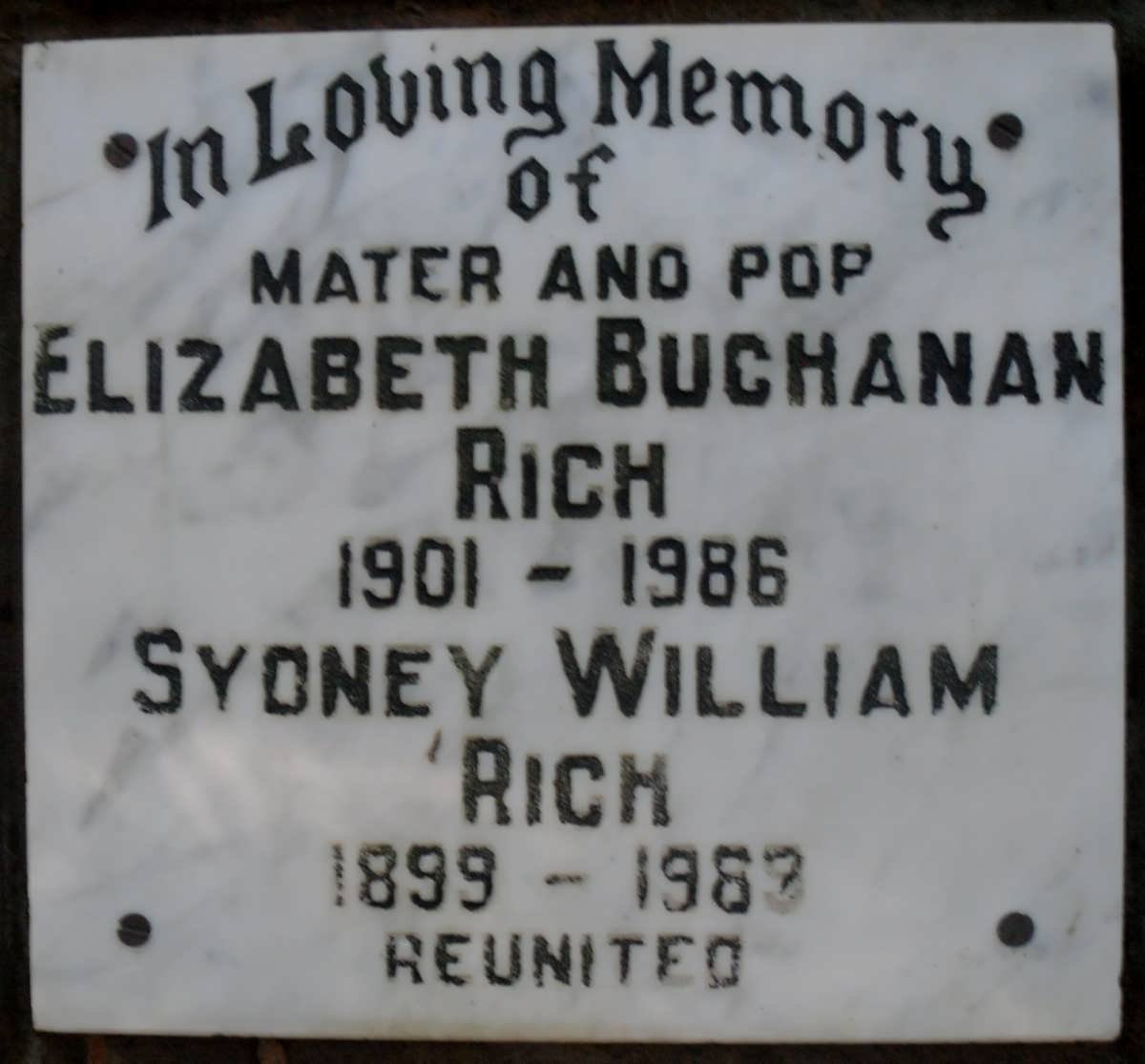 RICH Sydney William 1899-1985 &amp; Elizabeth Buchanan 1901-1986