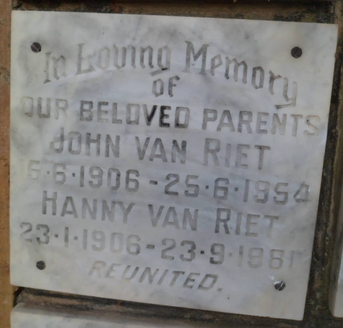RIET John, van 1906-1954 &amp; Hanny 1906-1981