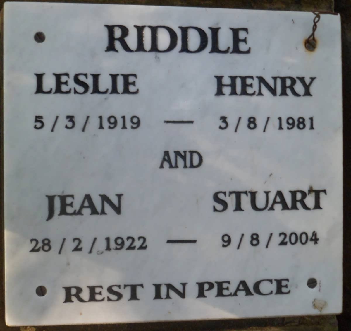 RIDDLE Leslie Henry 1919-1981 &amp; Jean Stuart 1922-2004