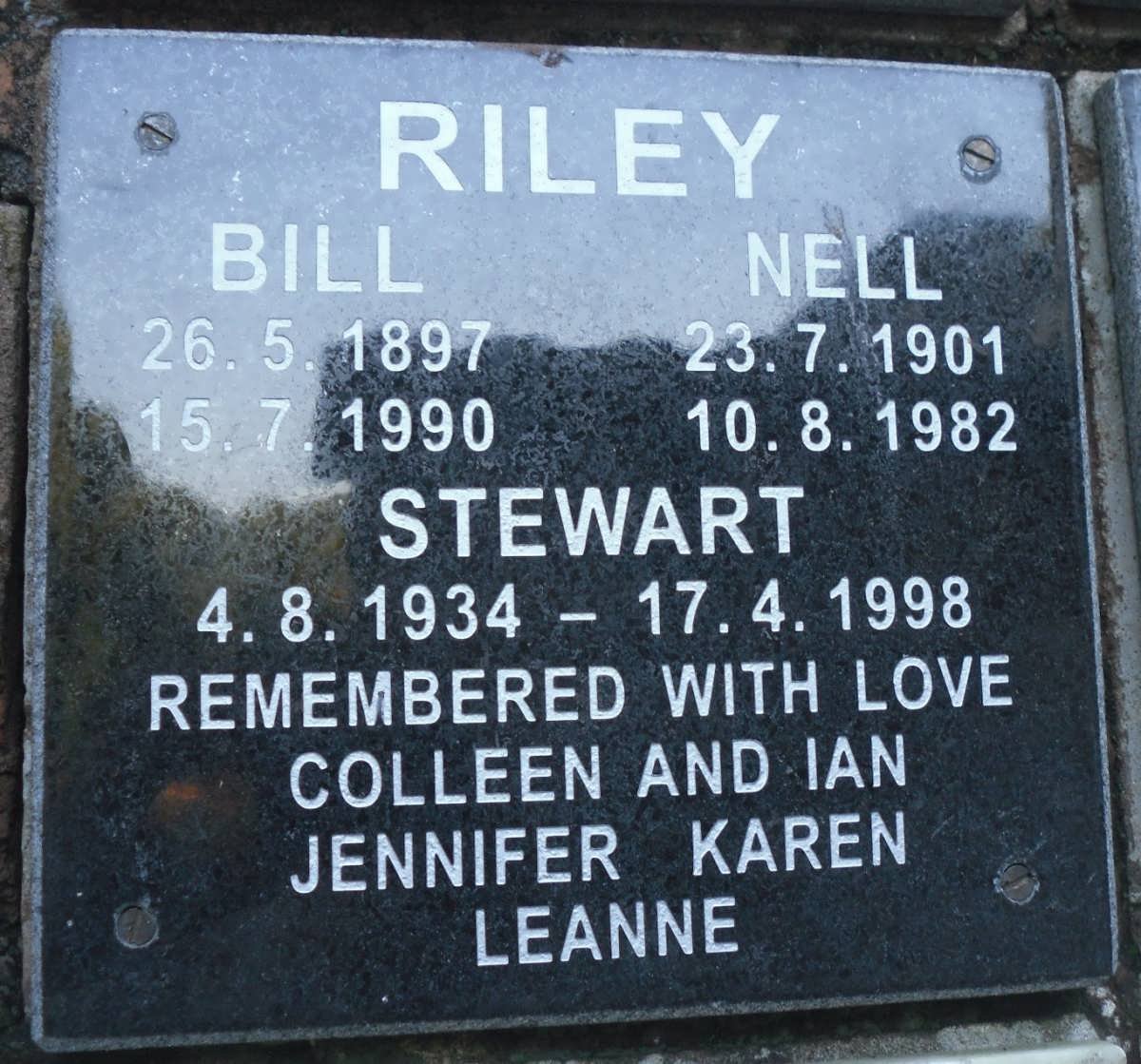 RILEY Bill 1897-1990 &amp; Nell 1901-1982 :: RILEY Stewart 1934-1998