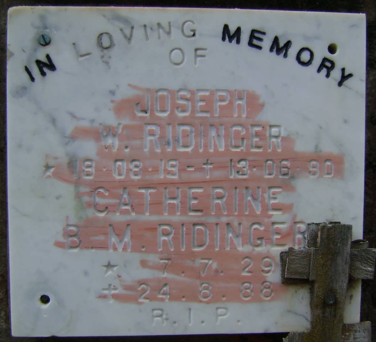 RIDINGER Joseph W. 1919-1990 &amp; Catherina B.M. 1929-1988