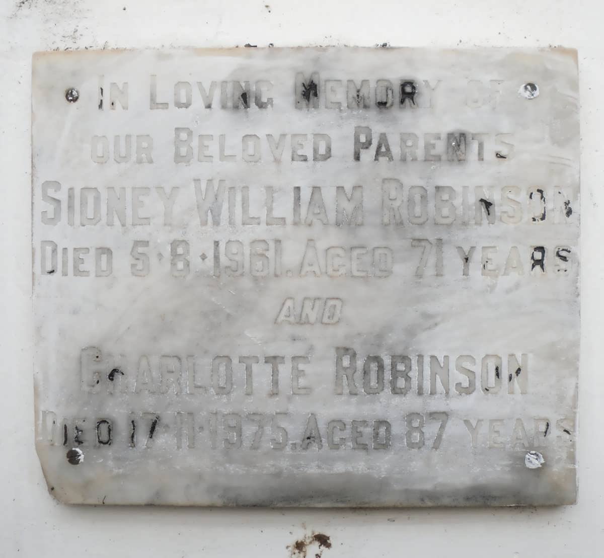 ROBINSON Sidney William -1961 &amp; Charlotte -1975
