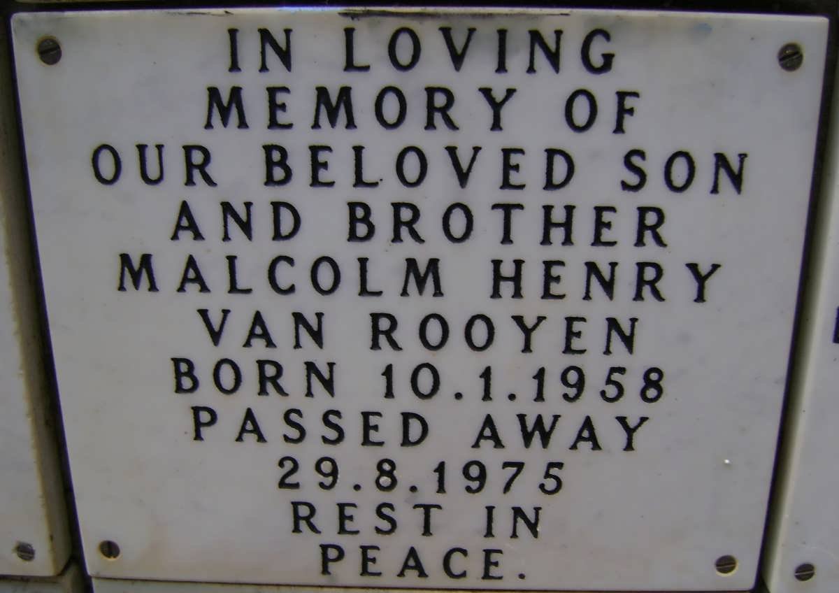 ROOYEN Malcolm Henry, van 1958-1975