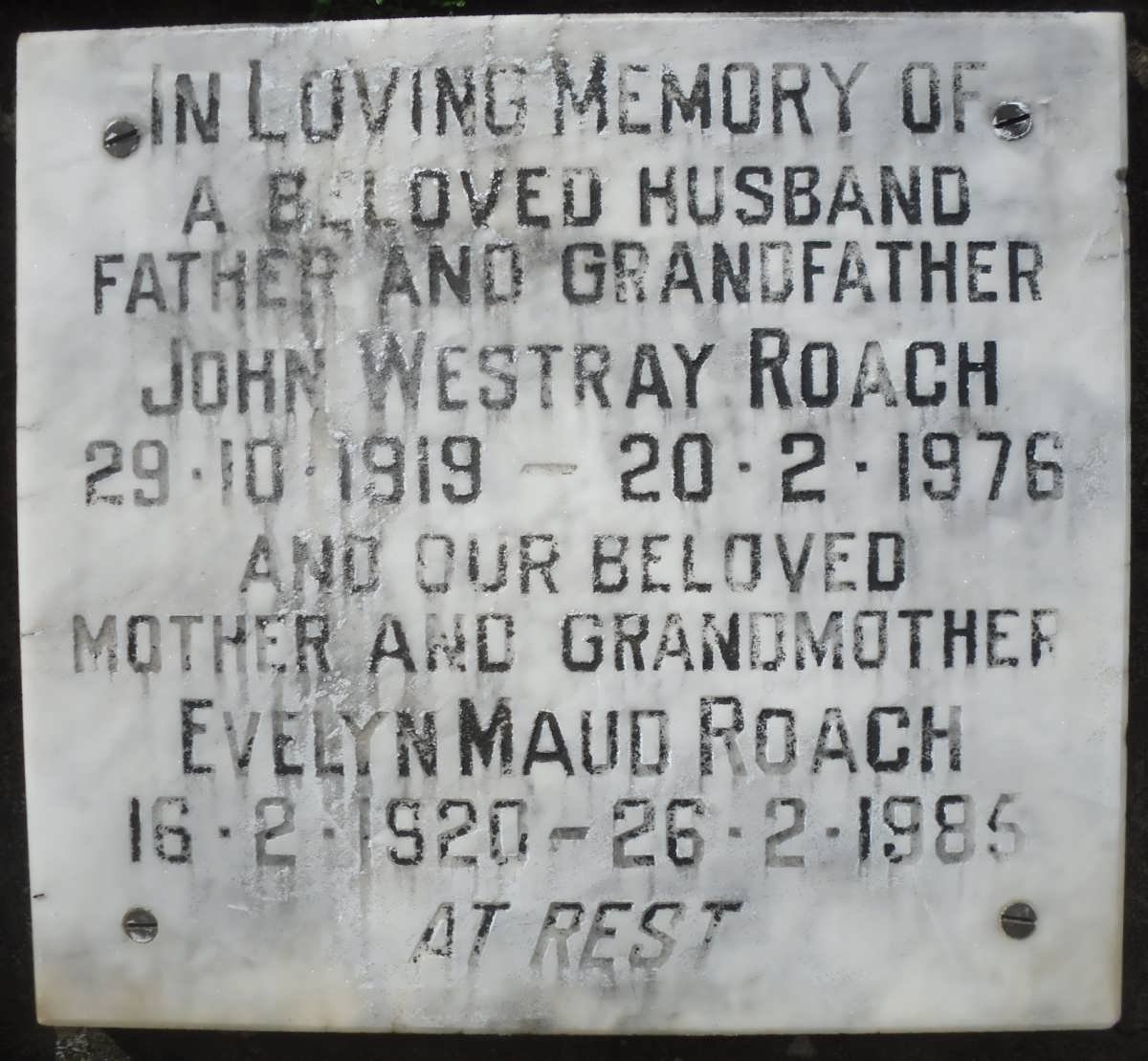 ROACH John Westray 1919-1976 &amp; Evelyn Maud 1920-1985