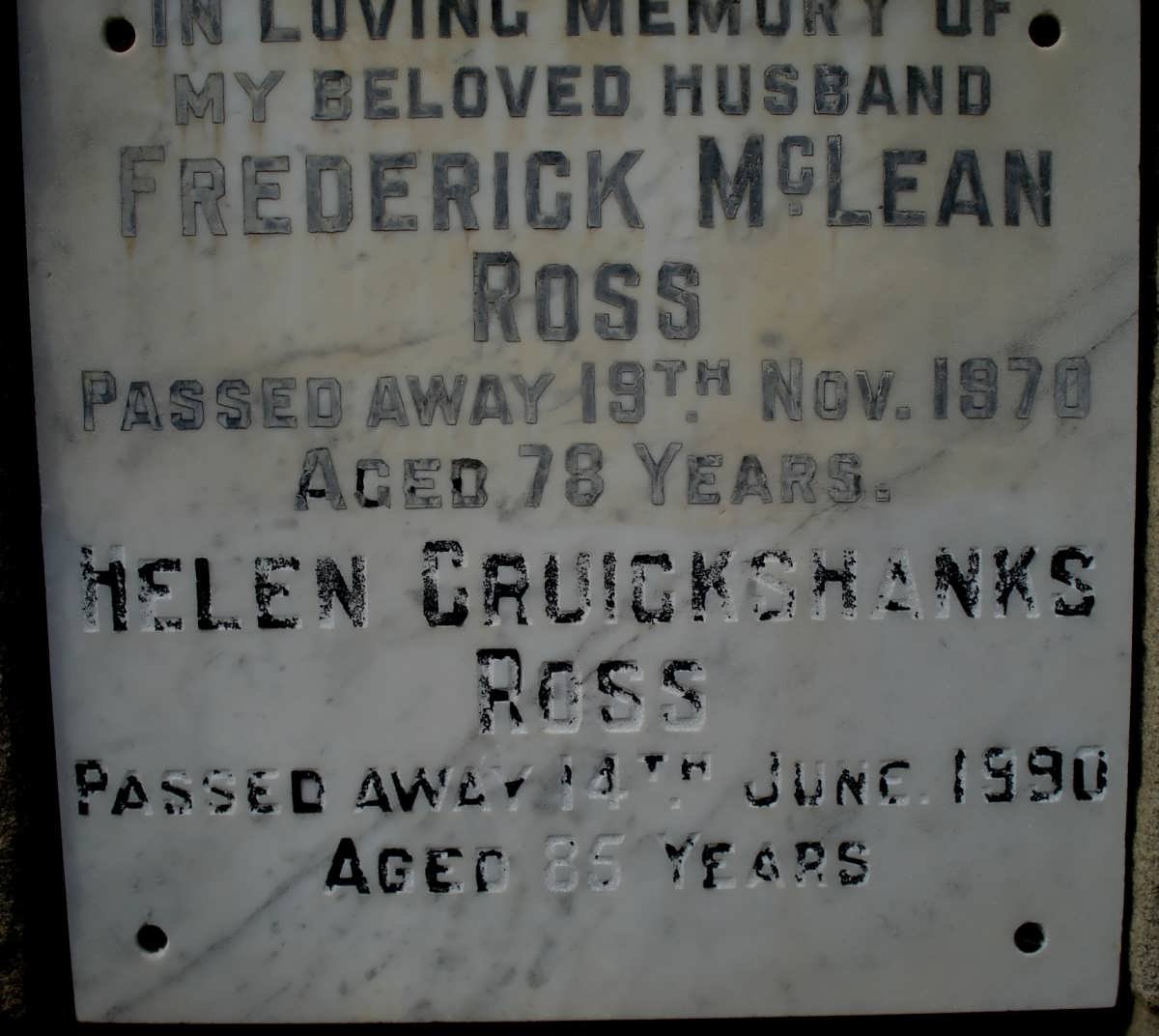 ROSS Frederick McLean -1970 &amp; Helen Cruickshanks -1990
