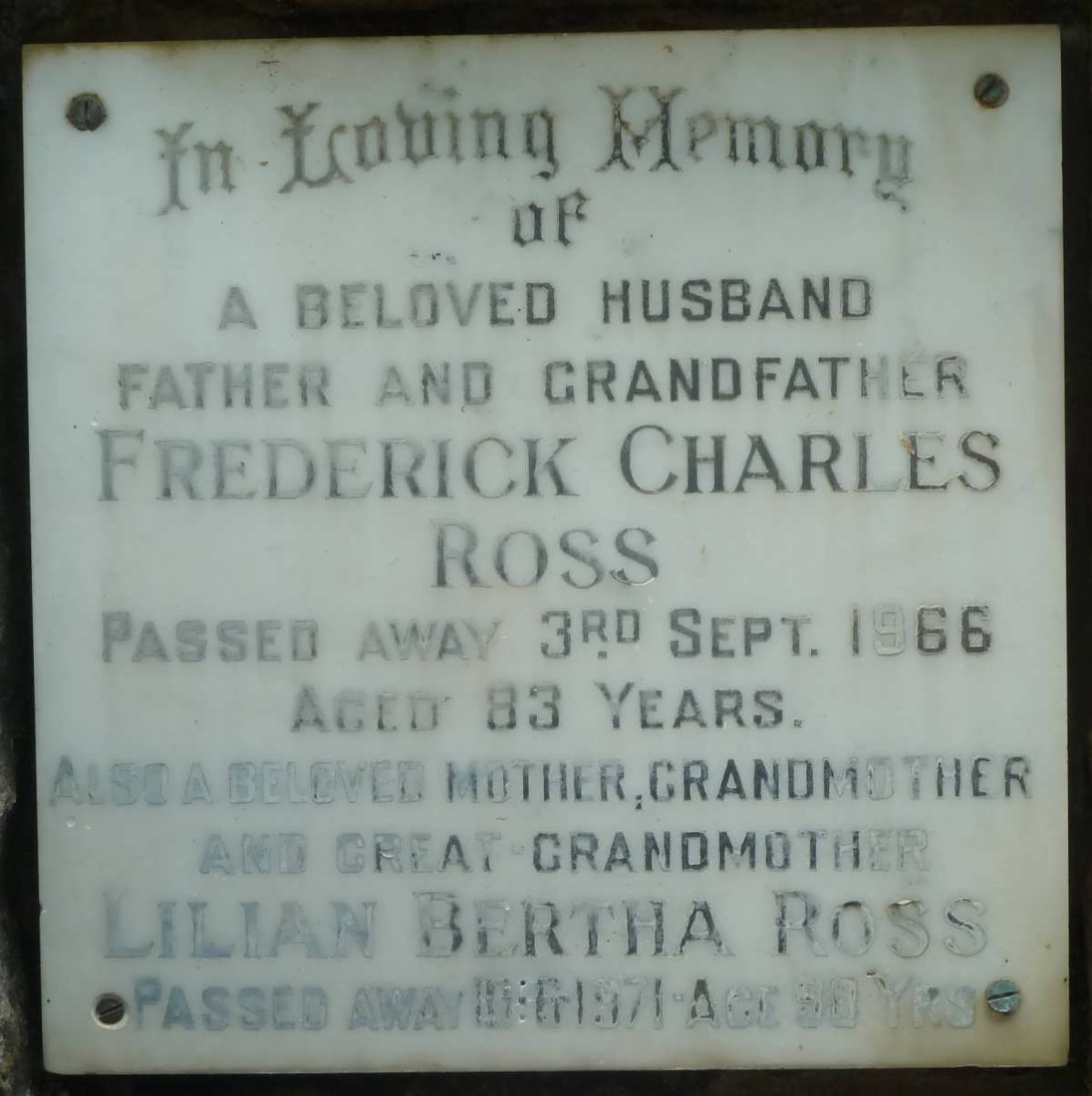 ROSS Frederick Charles -1966 &amp; Lilian Bertha -1971