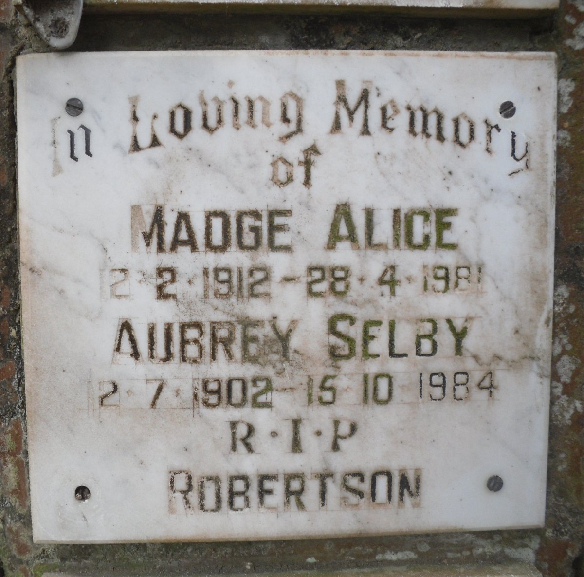 ROBERTSON Aubrey Selby 1902-1984 :: ROBERTSON Madge Alice 1912-1981