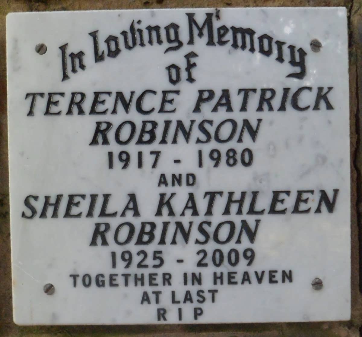 ROBINSON Terence Patrick 1917-1980 &amp; Sheila Kathleen 1925-2009
