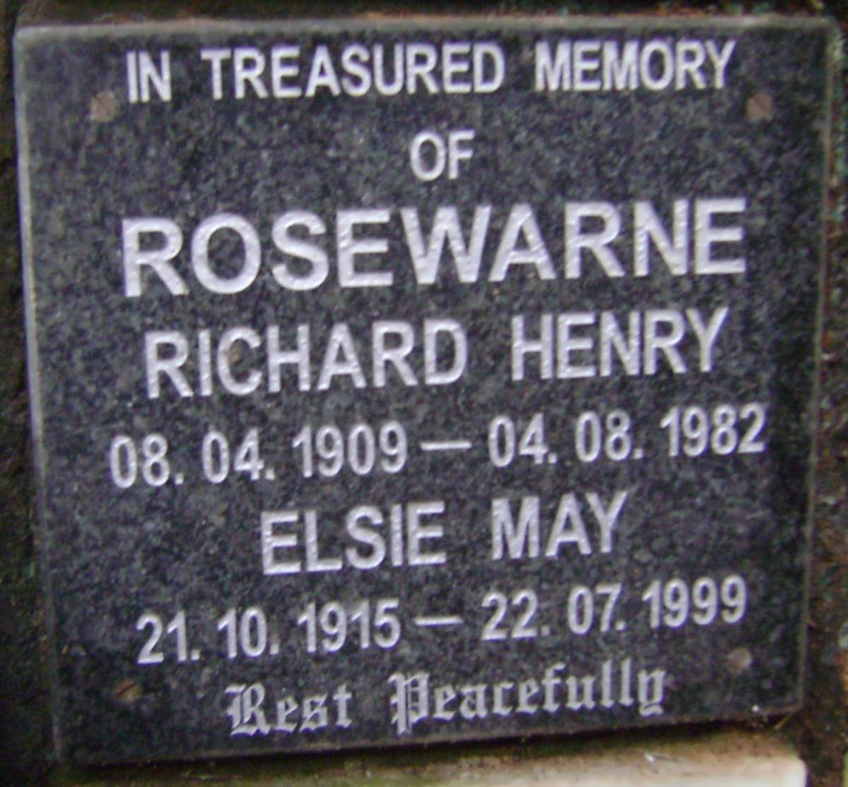 ROSEWARNE Richard Henry 1909-1982 &amp; Elsie May 1915-1999