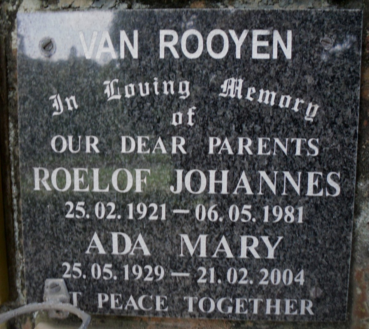 ROOYEN Roelof Johannes, van 1921-1981 &amp; Ada Mary 1929-2004