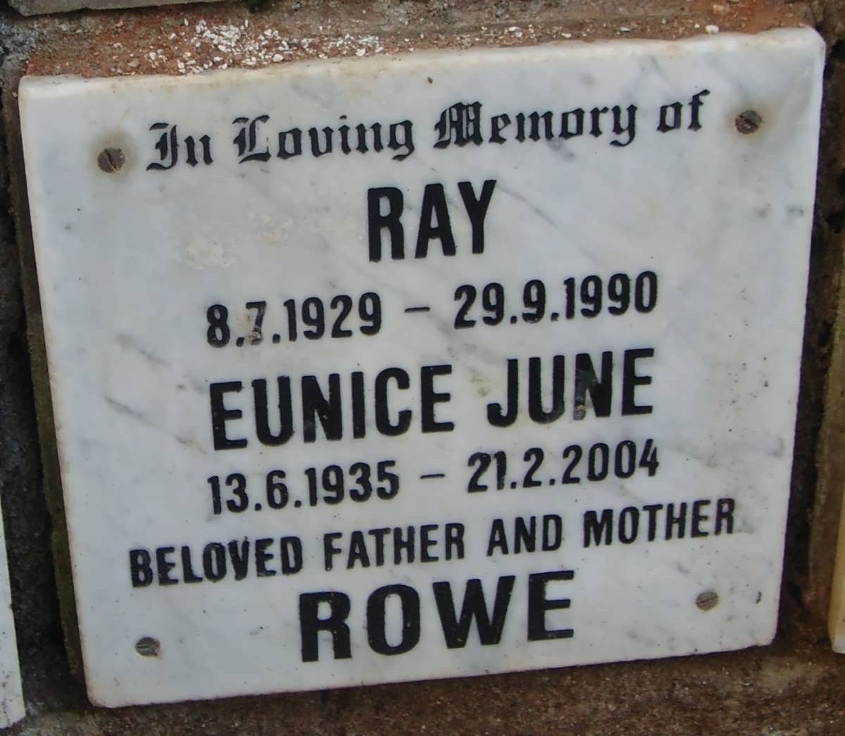 ROWE Ray 1929-1990 &amp; Eunice June 1935-2004