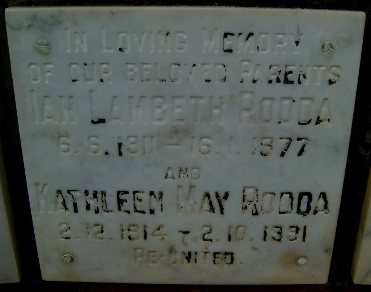 RODDA Ian Lambeth 1911-1977 &amp; Kathleen May 1914-1991