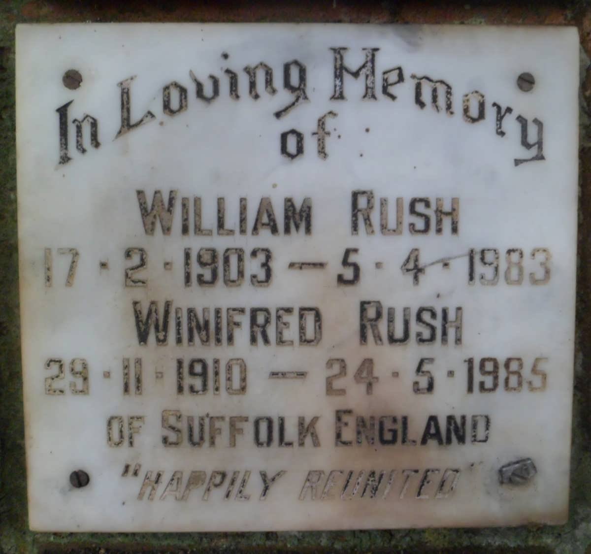 RUSH William 1903-1983 &amp; Winifred 1910-1985