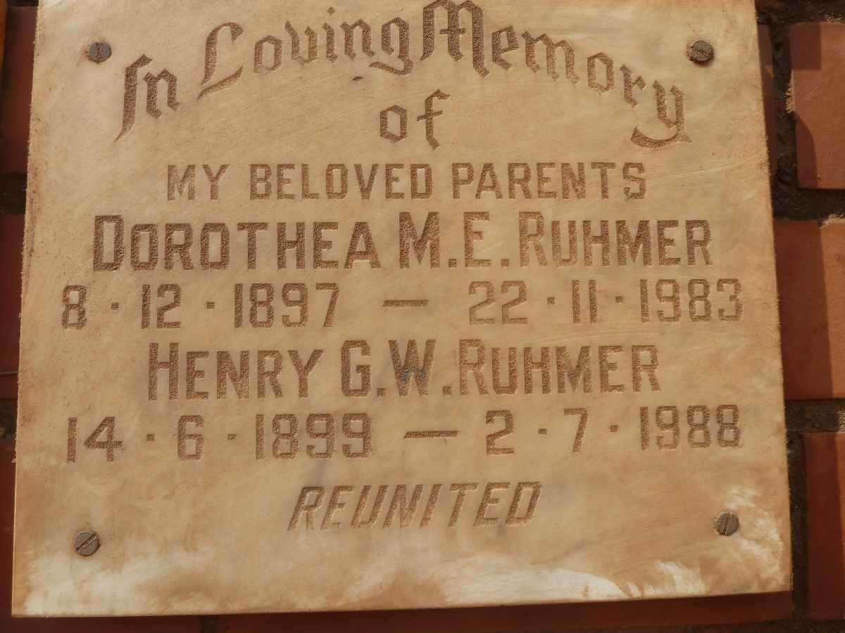 RUHMER Henry G.W. 1899-1988 &amp; Dorothea M.E. 1897-1983