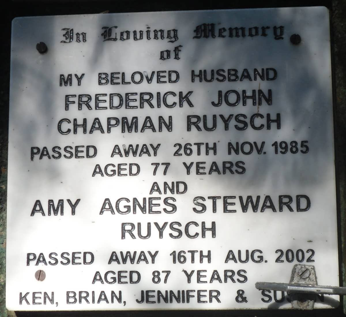 RUYSCH Frederick John Chapman -1985 &amp; Amy Agnes Steward -2002
