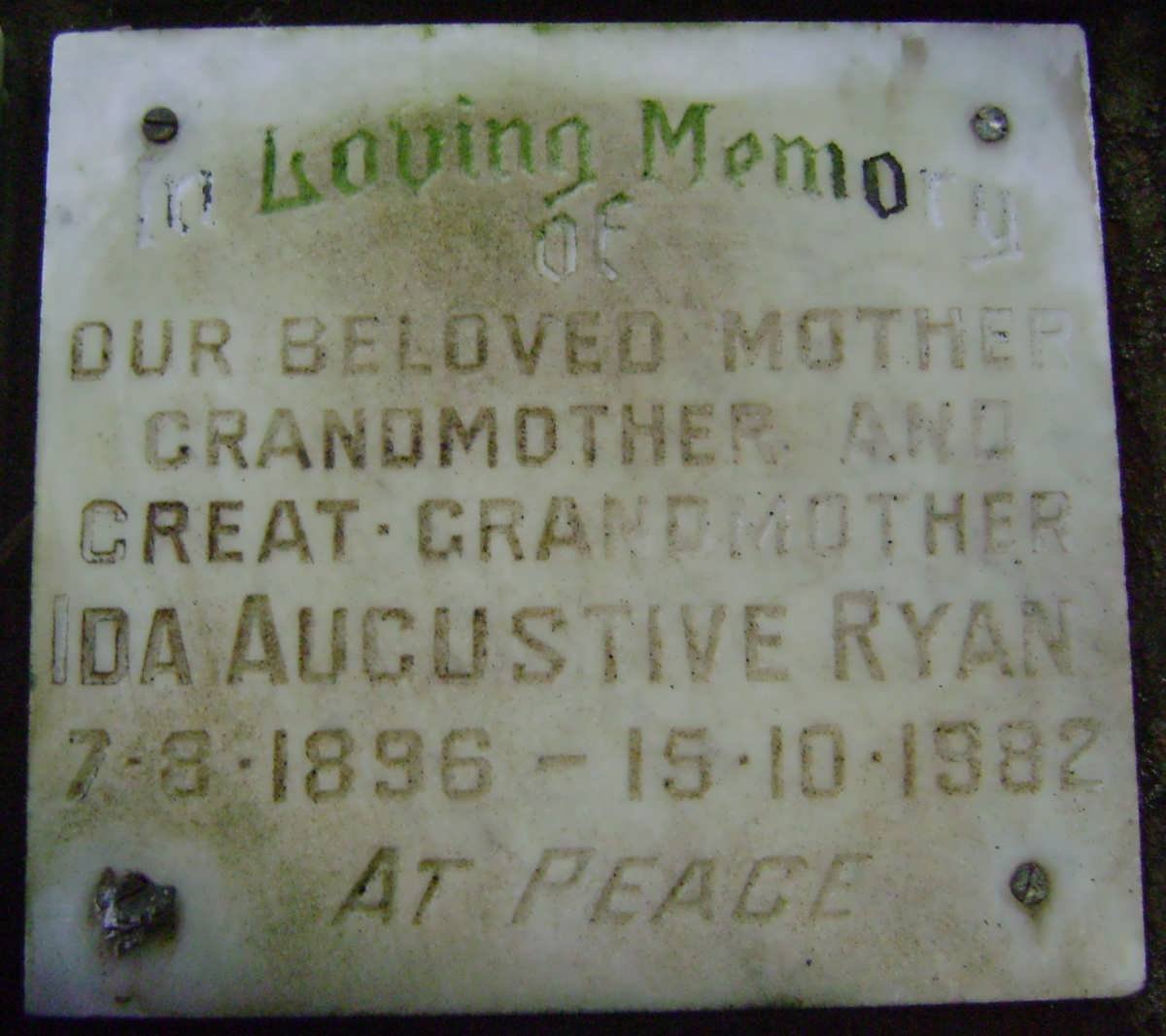 RYAN Ida Augustive 1896-1982