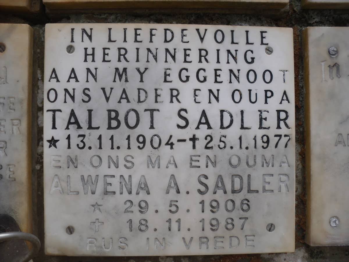 SADLER Talbot 1904-1977 &amp; Alwena A. 1906-1987