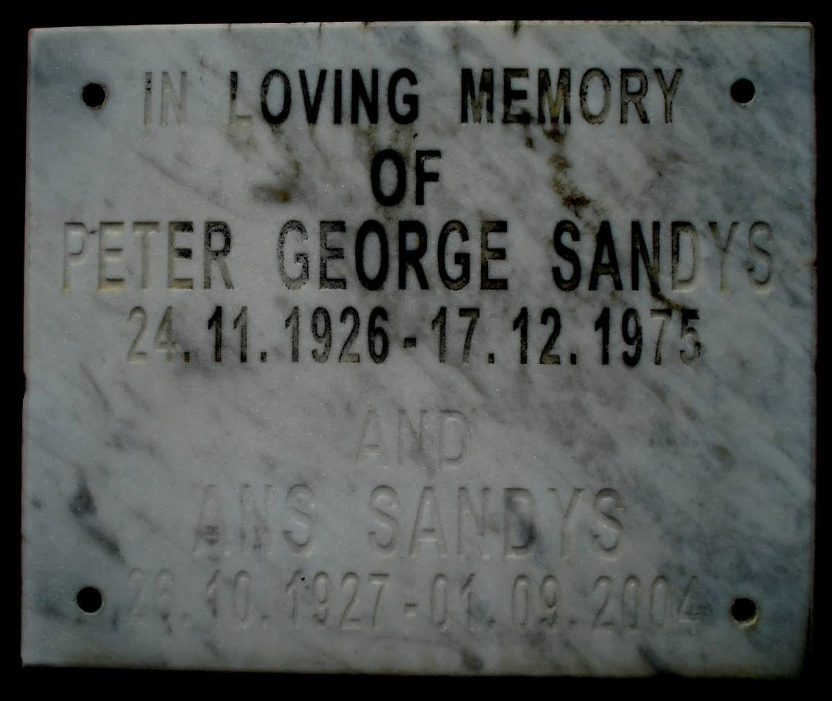 SANDYS Peter George 1926-1975 &amp; Ans 1927-2004