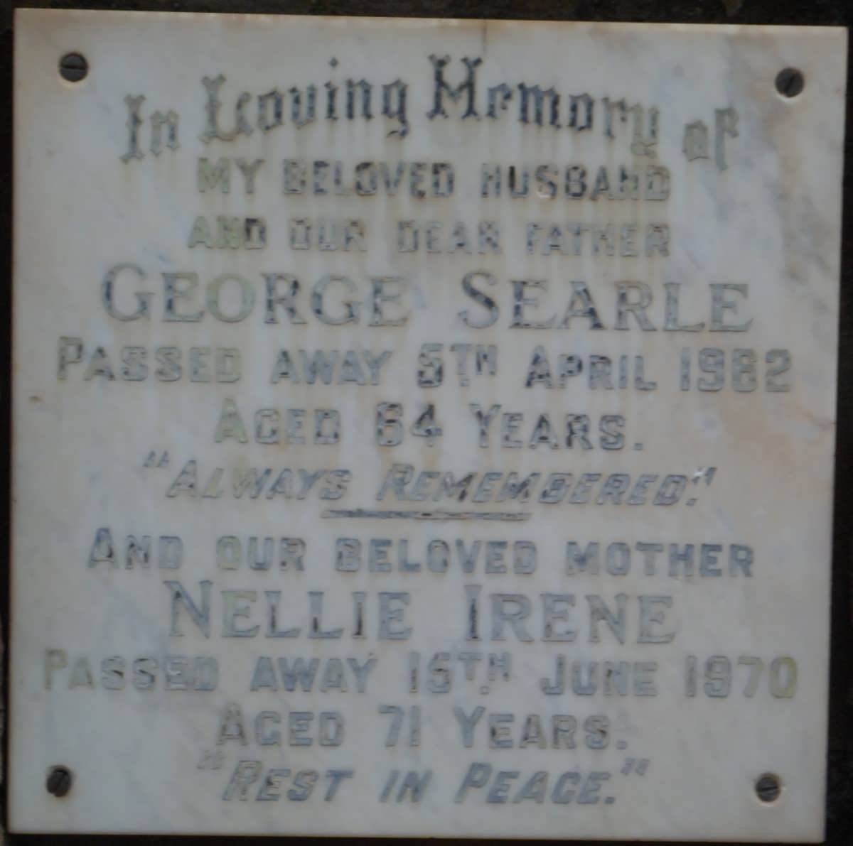 SEARLE George -1962 &amp; Nellie Irene -1970