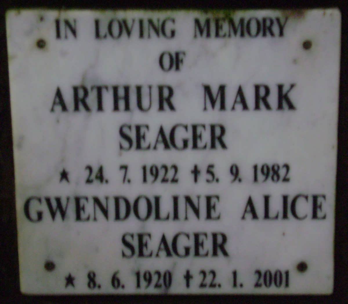 SEAGER Arthur Mark 1922-1982 &amp; Gwendoline Alice 1920-2001