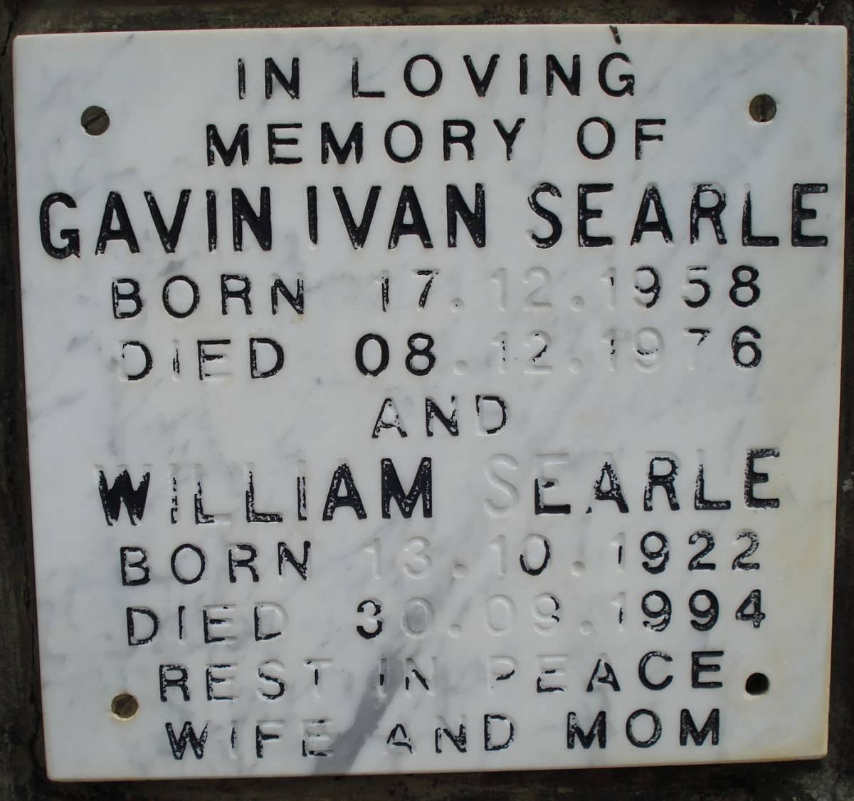 SEARLE Gavin Ivan 1958-1976 :: SEARLE William 1922-1994