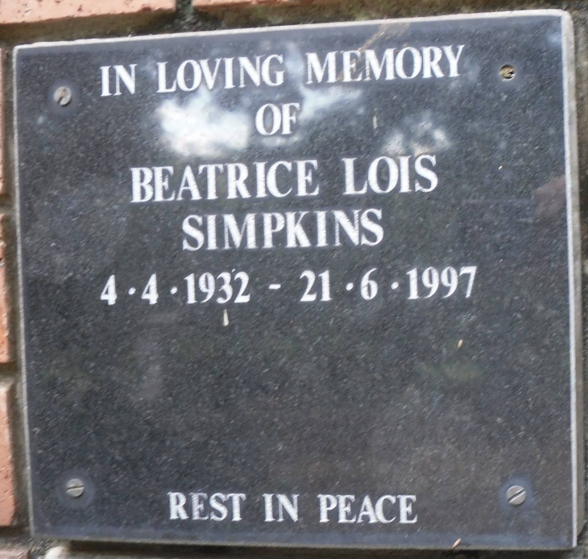 SIMPKINS Beatrice Lois 1932-1997