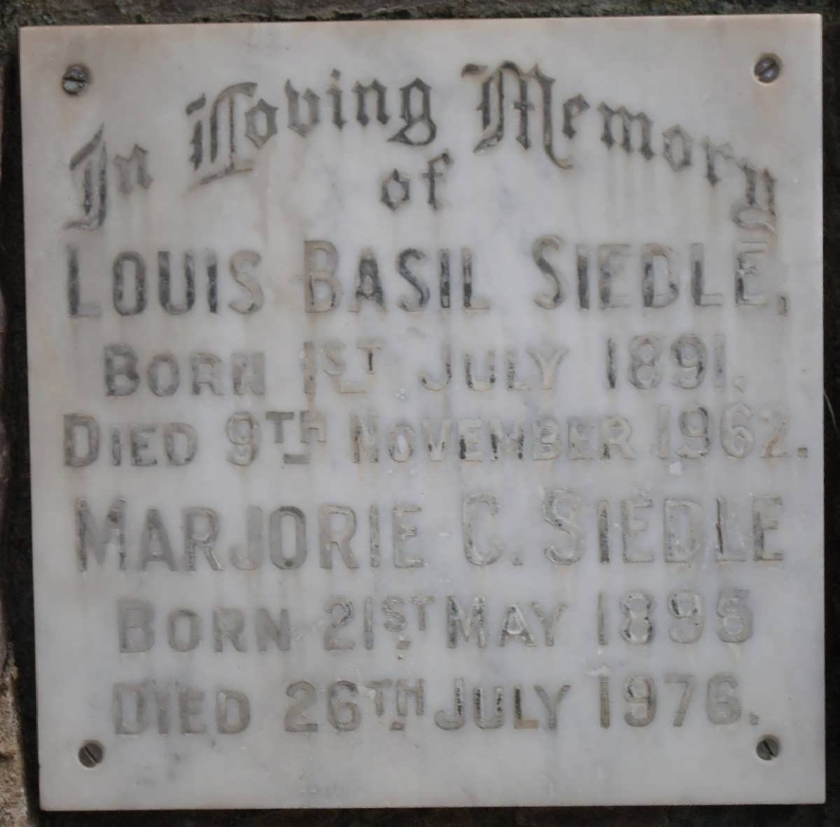 SIEDLE Louis Basil 1891-1962 &amp; Marjorie C. 1895-1976