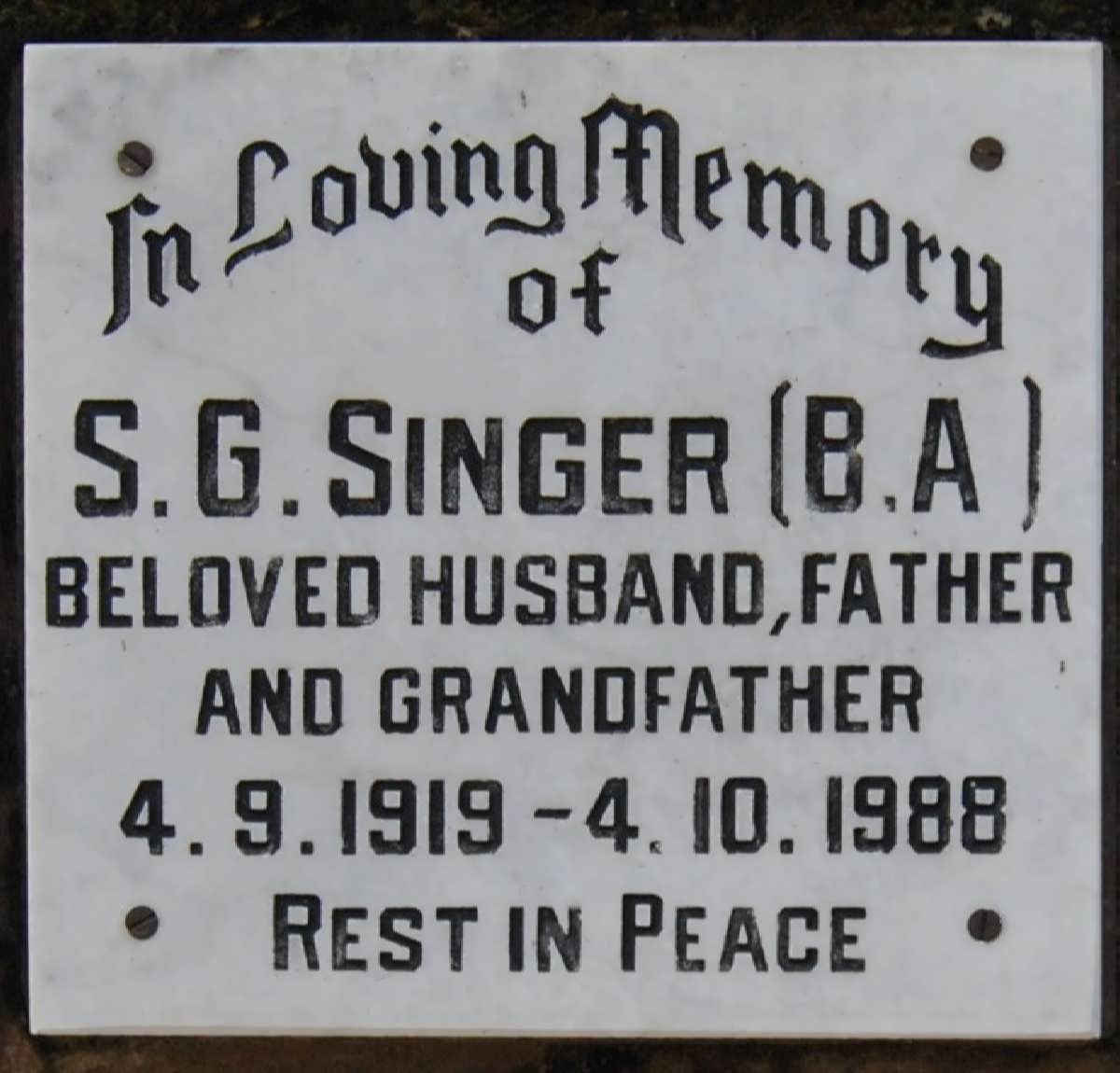 SINGER S.G. 1919-1988