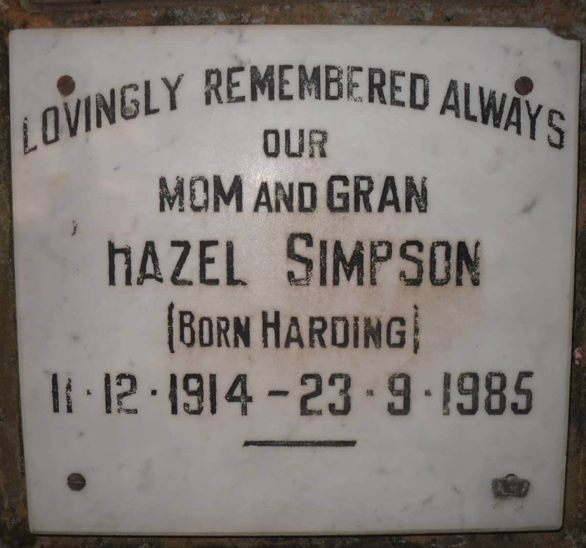 SIMPSON Hazel born HARDING 1914-1985