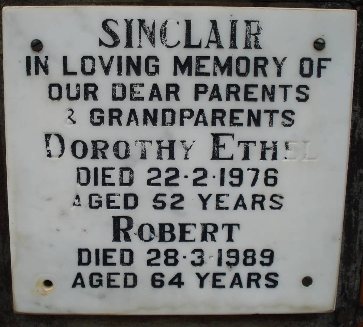 SINCLAIR Robert -1989 &amp; Dorothy Ethel -1976