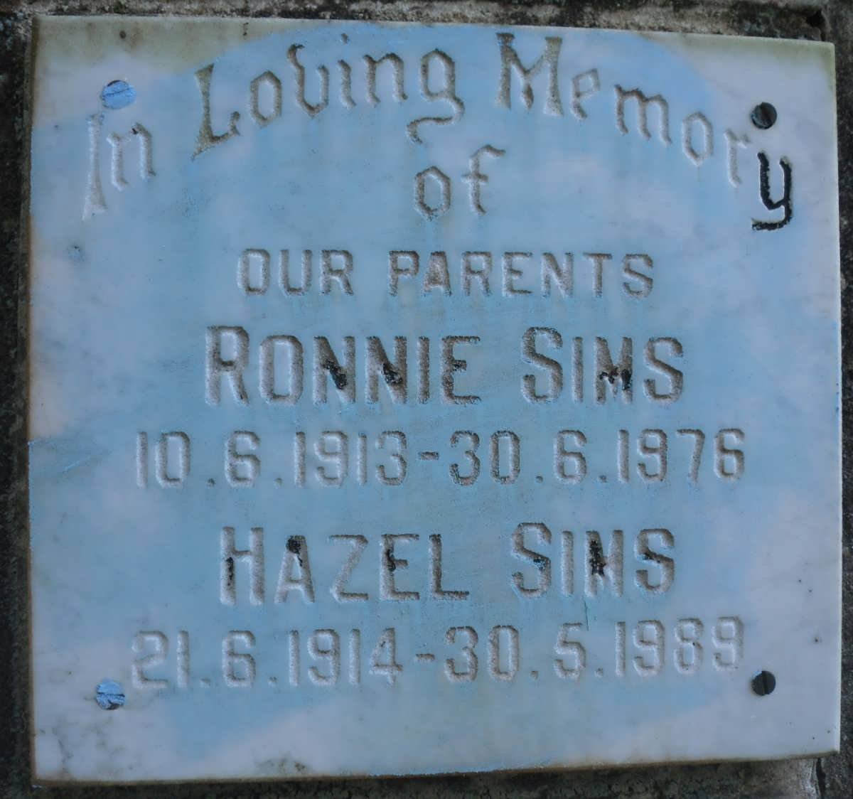 SIMS Ronnie 1913-1976 &amp; Hazel 1914-1989