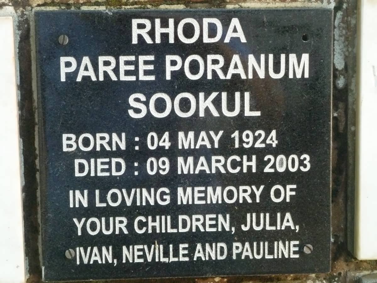 SOOKUL Rhoda Paree Poranum 1924-2003