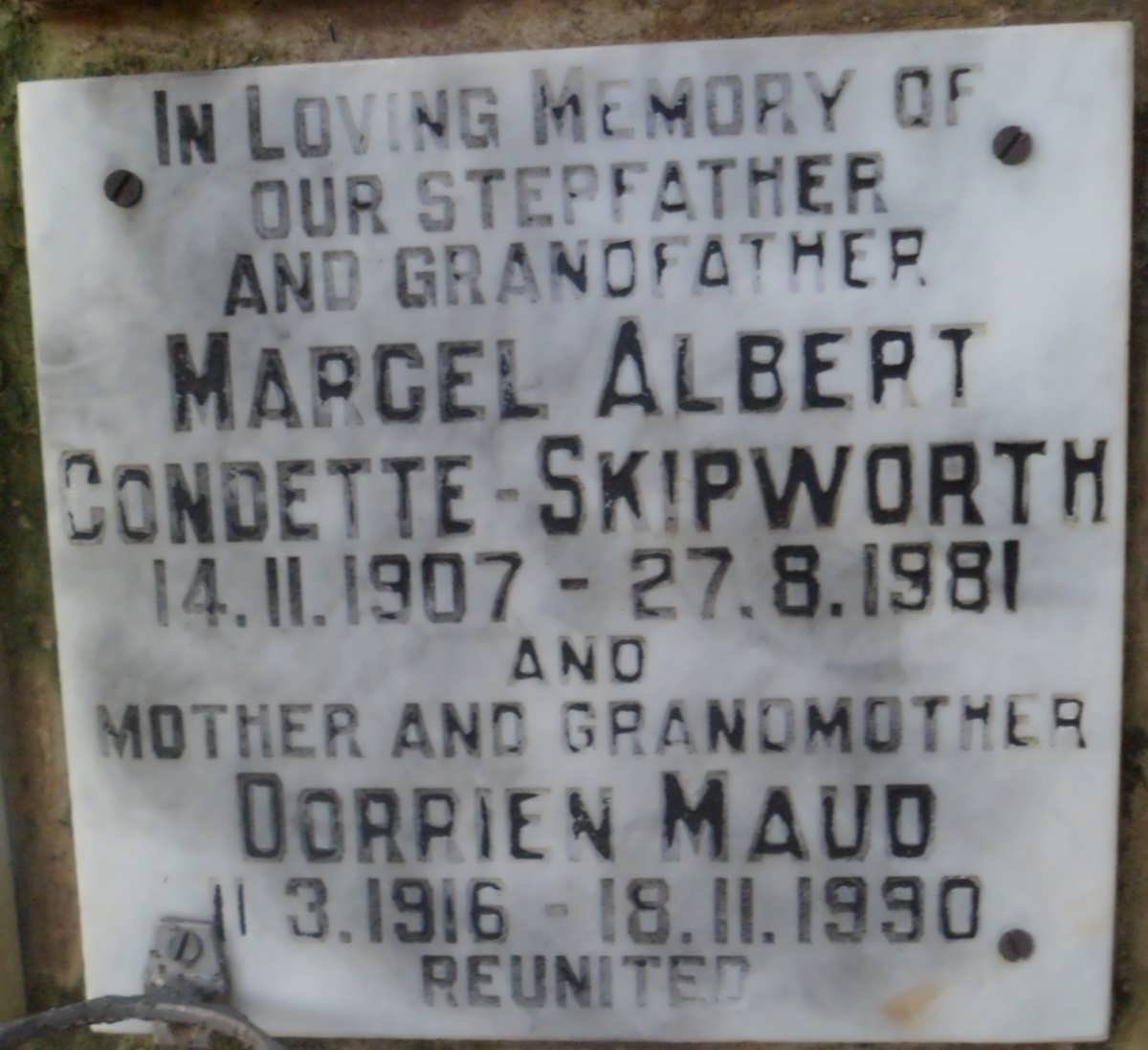 SKIPWORTH Marcel Albert, Condette 1907-1981 &amp; Dorrien Maud 1916-1990