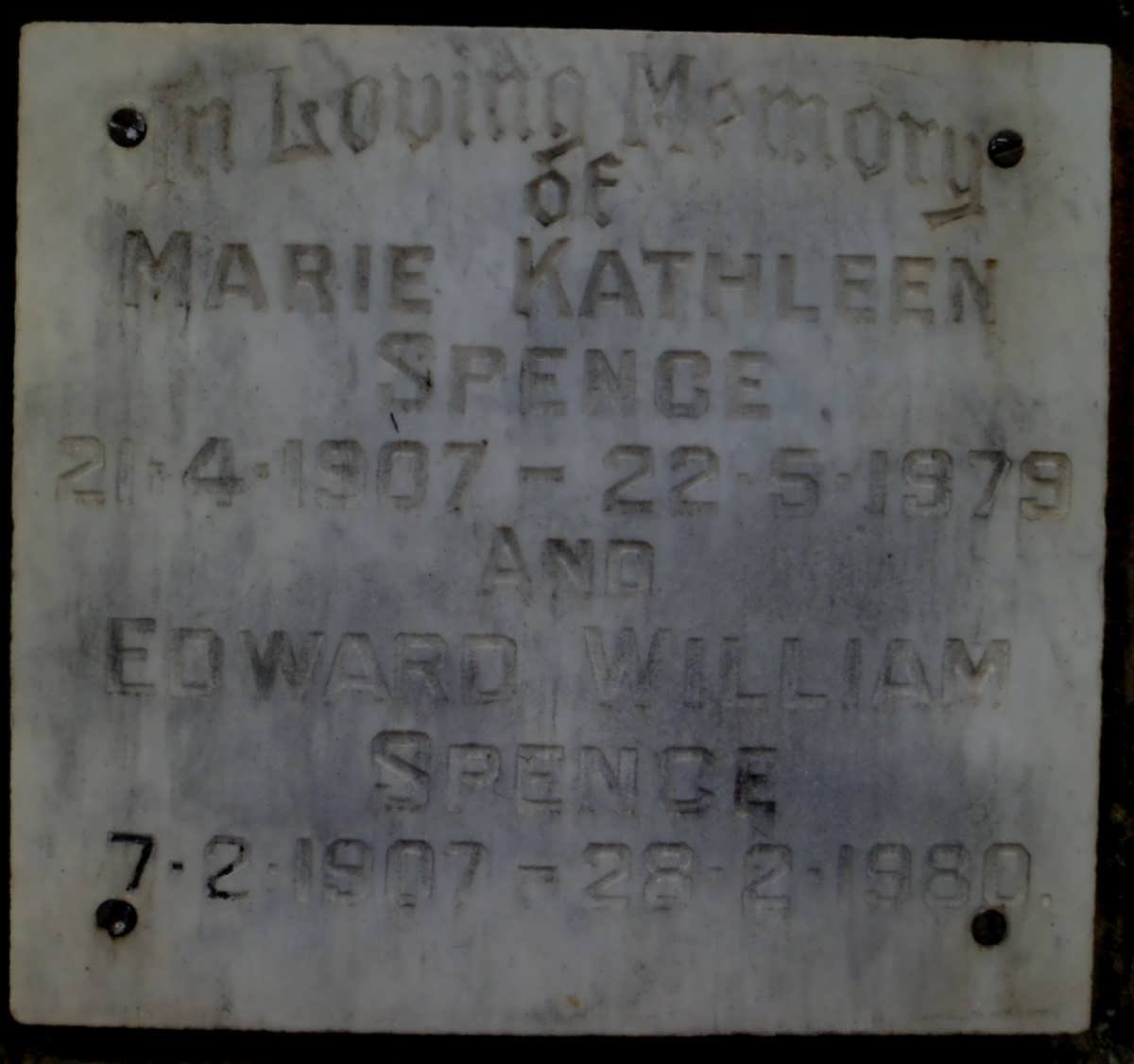 SPENCE Edward William 1907-1980 &amp; Marie Kathleen 1907-1979