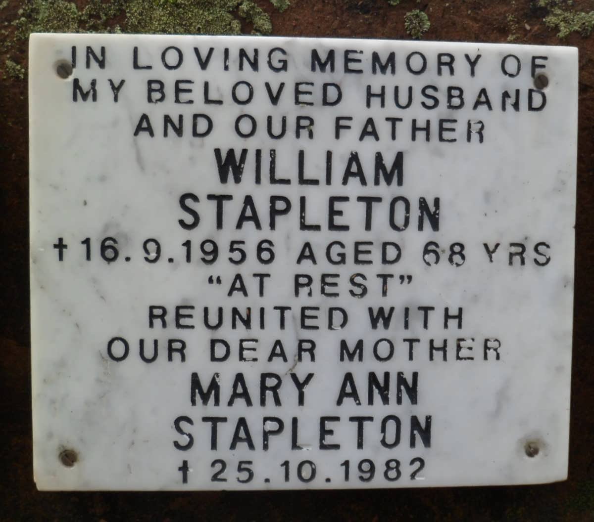 STAPLETON William -1956 &amp; Mary Ann -1982